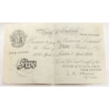 A 1956 WHITE FIVE POUND NOTE Issued from the Bank of England, signed 'L.K.O. O'Brien, Chief Cashier,