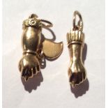 A PAIR OF 18CT GOLD CHARMS Modelled as gloved hands, with hanging hoops, marked '750'. (approx 2cm)