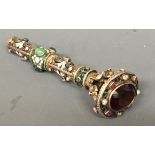 A 19TH CENTURY RENAISSANCE REVIVAL SILVER, SILVER GILT AND ENAMELLED PEARL AND GEM SET CANE HANDLE