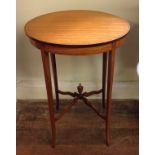 A SHERATON STYLE OVAL OCCASIONAL TABLE With urn finial, to cross stretchers. (50.7cm x 39cm x h 70.