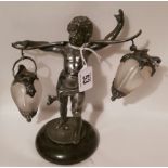 AN ANTIQUE SPELTER FIGURE OF A BOY Suspending a tapered ribbed container, from each side of the yoke