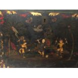 AN EARLY VICTORIAN IRON STRONG BOX With chinoiserie decoration, children in a garden setting with