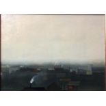 JANET LEDGER, A 20TH CENTURY OIL ON BOARD 'Northern Landscape', a scene of houses and factories