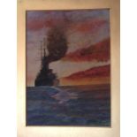 WORLD WAR I, PASTEL ON PAPER A dreadnought battleship on fire, with red and orange flames,