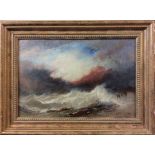 A FOLLOWER OF JOSEPH WILLIAM TURNER, A 19TH CENTURY OIL ON CANVAS A tall ship fighting against a