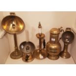 FOUR BRASS CANDLE HOLDERS With reflectors, along with a car horn, a 17th Century style flagon.