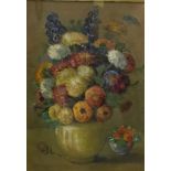 PROFESSOR L. PISSARRO, FRENCH, 1863 - 1944, OIL ON CANVAS Still life, chrysanthemums held in a