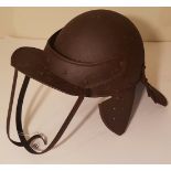 A THEATRICAL 17TH CENTURY DESIGN 20TH CENTURY CROMWELLIAN LOBSTER TAIL STEEL HELMET.