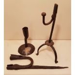 AN 18TH CENTURY IRON TABLE RUSHLIGHT HOLDER AND CANDLE SOCKET The stem and 'U' form arm with