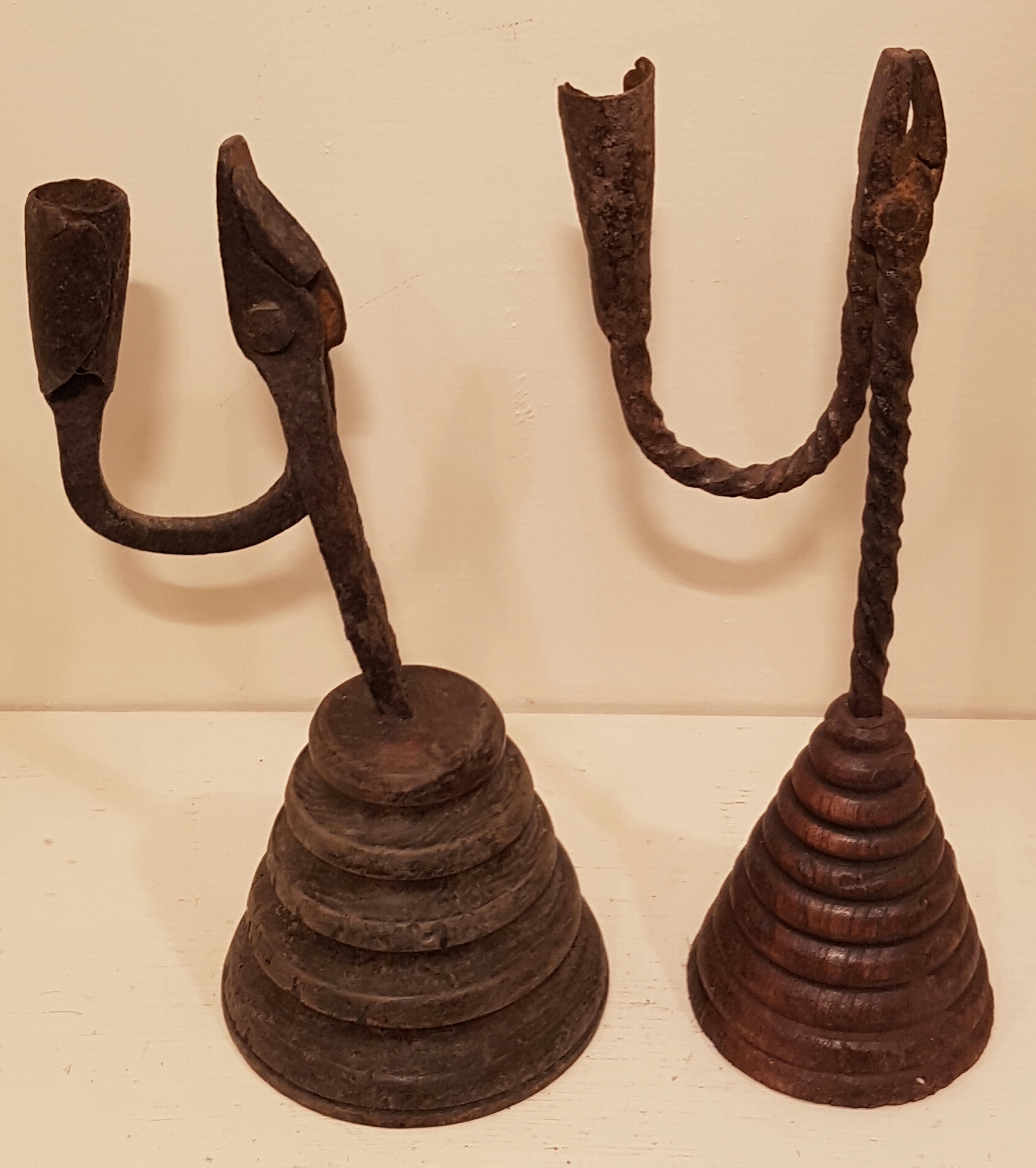 TWO 18TH CENTURY IRON TABLE RUSHLIGHTS AND CANDLE SOCKETS