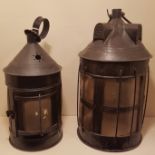 TWO 19TH CENTURY SHEET STEEL PENDANT LANTERNS. (35cm and 30cm)