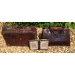 THREE ANTIQUE AND VINTAGE BAGS/VALISES Including two crocodile skin bags and one woven on a black