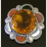 A SILVER, HARDSTONE AND PASTE SCOTTISH PLAID BROOCH The large golden citrine type paste stone claw