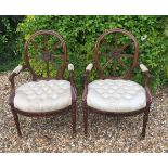 A PAIR OF HEPPLEWHITE DESIGN MAHOGANY OPEN ARMCHAIRS With pierced spoke spoon backs and and button