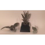 A BYGONE ART DECO CHROMED CAR MASCOT, DESMO Along with a quartz statue of a quail and a silver