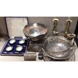 A COLLECTION OF EARLY 20TH CENTURY SILVER PLATE AND BRASS WARE BOXED SET OF FOUR SALTS Shell shaped,