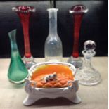 A GROUP OF ANTIQUE AND VINTAGE GLASS AND CERAMIC ITEMS To include an inkwell, fairing with spaniel