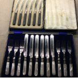 A SET OF EARLY 20TH CENTURY SILVER PLATED AND MOTHER OF PEARL FRUIT KNIVES AND FORKS Having engraved