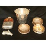 A MIXED LOT OF SILVER PLATE To include Marquetry inlaid wine coaster , champagne bucket , large