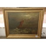 A 19TH CENTURY OIL ON CANVAS Seascape, indistinctly signed lower right and gilt framed. (w 51cm x