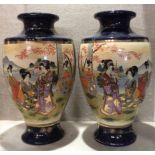 A PAIR OF 20TH CENTURY JAPANESE SATSUMA POTTERY VASES Hand painted with Geisha girls, wearing