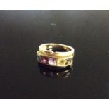 A HALLMARKED 9CT GOLD AND MULTI GEM SET HALF HOOP RING Five Princess cut gemstones (smokey quartz,