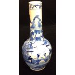 A 19TH CENTURY CHINESE BLUE AND WHITE PORCELAIN BOTTLE VASE Hand painted with stylized buildings,