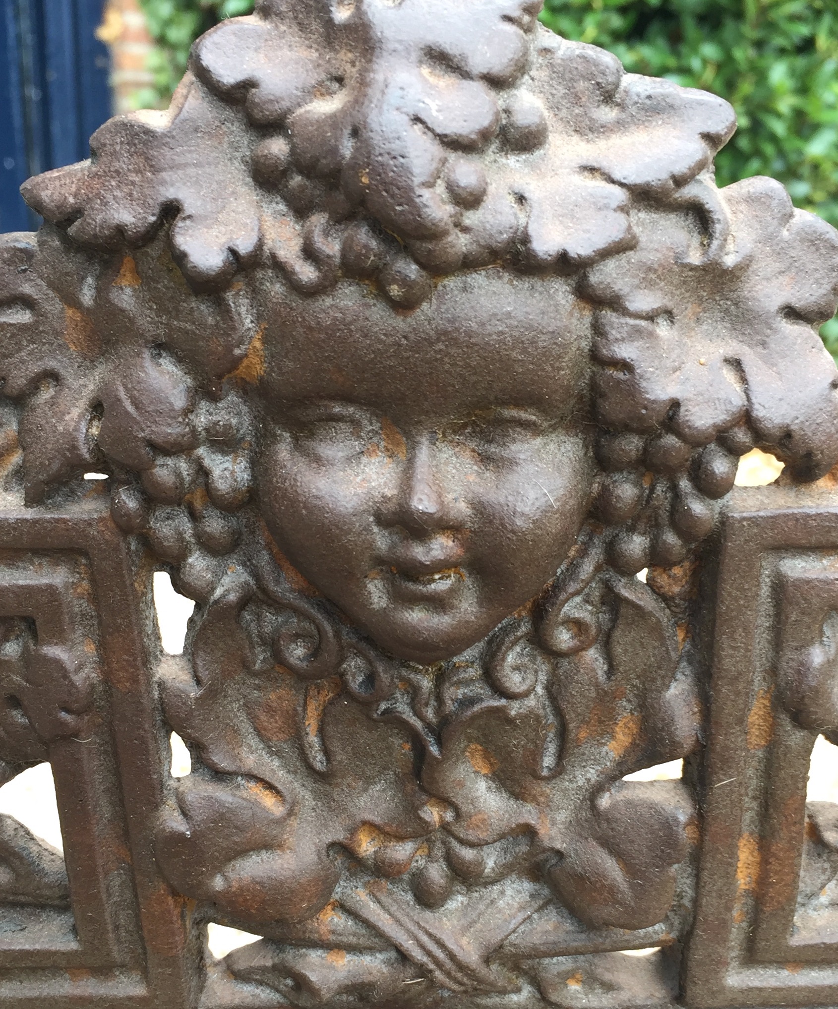 A 19TH CENTURY CAST IRON COALBROOKDALE DESIGN DOUBLE STICK STAND Decorated with a cherub mask - Image 2 of 2