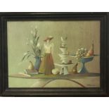 A SOVIET SCHOOL WATERCOLOUR Still life, fruit, ceramics and doll, framed, glazed and signed, bearing