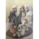 A SOVIET SCHOOL WATERCOLOUR Stylized figures in winter dress, signed, bearing labels verso, framed