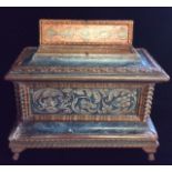 AN ANTIQUE VENETIAN PAINTED WOODEN CABINET Of sarcophagus form, with concealed compartment to lid,