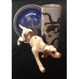 A DUTCH STATUE OF A POINTER DOG Along with a Chinese vase, entwined with dragons and a chinoiserie