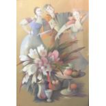 A SOVIET SCHOOL WATERCOLOUR Stylized figures of flowers, signed, framed and glazed, bearing labels