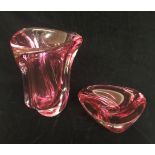 A SWEDISH STUDIO ART CRANBERRY VASE Along with a shallow bowl. 5851/BG10016696/1 5851/BG10016695/1