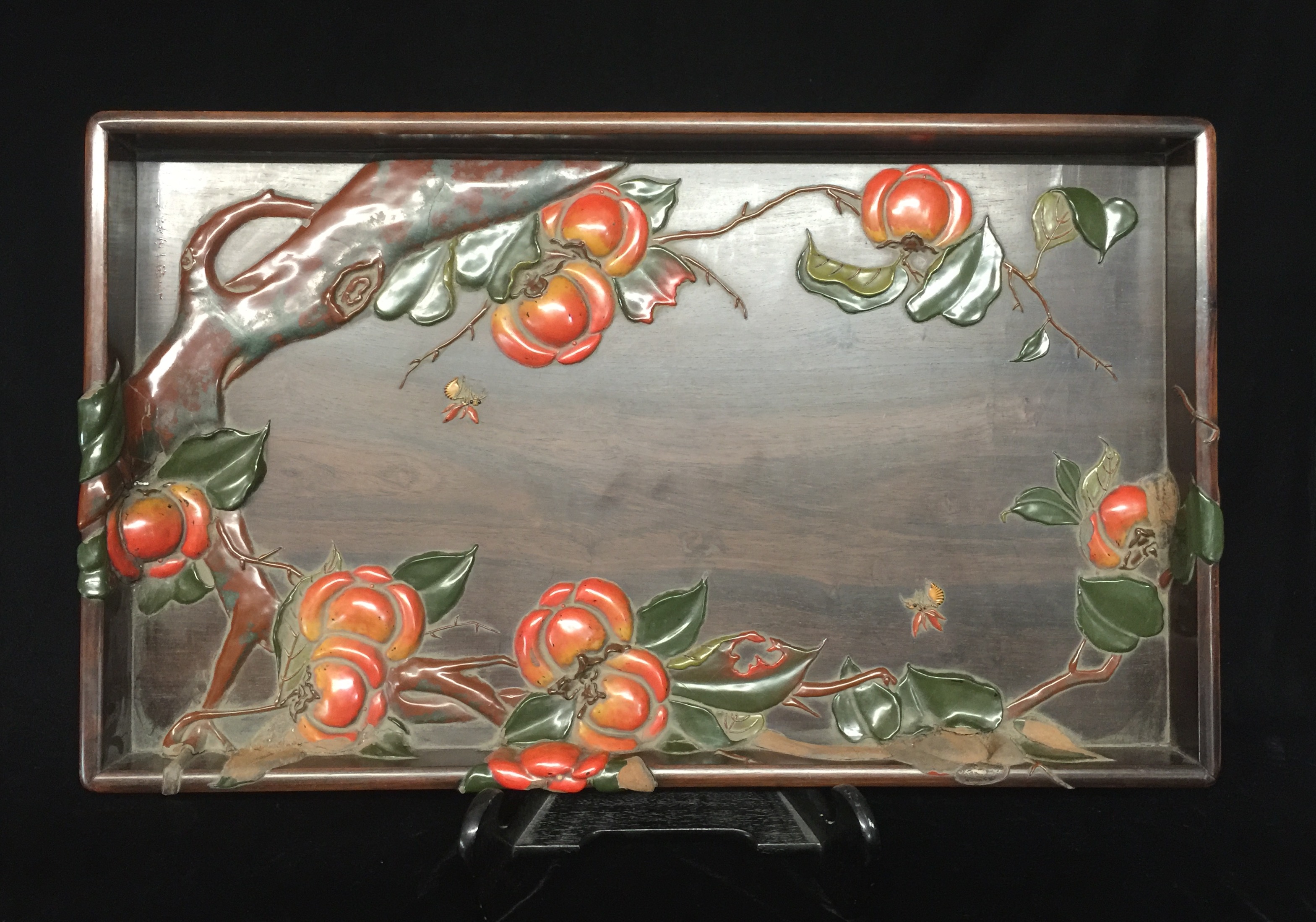 A 19TH CENTURY CHINESE ROSEWOOD TRAY With hardstone inlays, in the of form of peach trees and