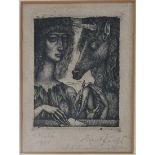 ERNEST FUCHS, 1951, AUSTRIAN SURREALIST, A BLACK AND WHITE ENGRAVING Titled 'The Artist', framed and