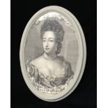 A LARGE 17TH CENTURY OVAL ENGRAVING Portrait of Marha Regina in French grey painted, framed and