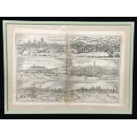 THREE ANTIQUE BLACK AND WHITE ENGRAVINGS Medieval European town, framed and glazed.