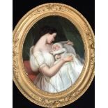 A LARGE VICTORIAN OVAL REVERSE GLASS PAINTING Mother and child, gilt framed. (99cm x 119cm)