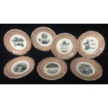WITHDRAWN!!! A SET OF SEVEN 19TH CENTURY FRENCH POTTERY BAT TRANSFER CHARADE PLATES. (d 20cm)