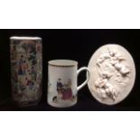 TWO 20TH CENTURY ORIENTAL PORCELAIN ITEMS To include a famille rose sleeve vase, painted with