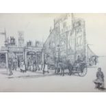 MOIRA STEPHENSON, A 20TH CENTURY PEN AND INK DRAWING Landscape view of a busy Victorian street,