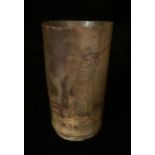 A LATE 18TH/EARLY 19TH CENTURY HORN CUP The scratch carved body with hunting scene, depicting two