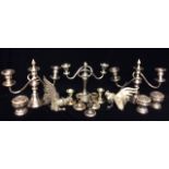 A COLLECTION OF 20TH CENTURY SILVER PLATED ITEMS To include a pair of three branch candelabras, a