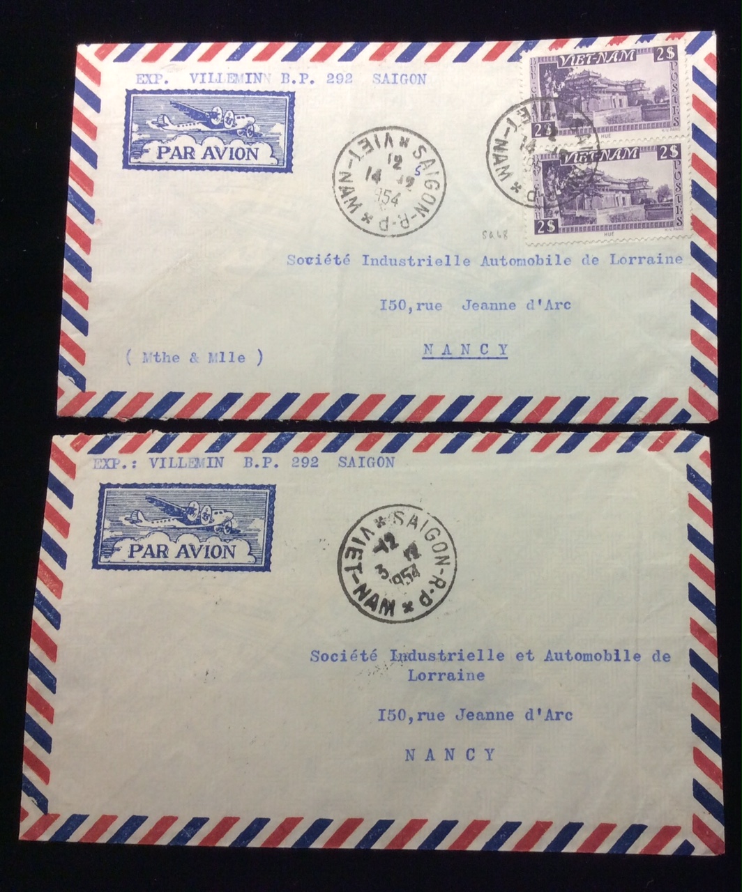 VIETNAM, TWO PRINTED AIRMAIL COVERS TO FRANCE One bearing on reverse 1954, crown Prince Bao Long, 40