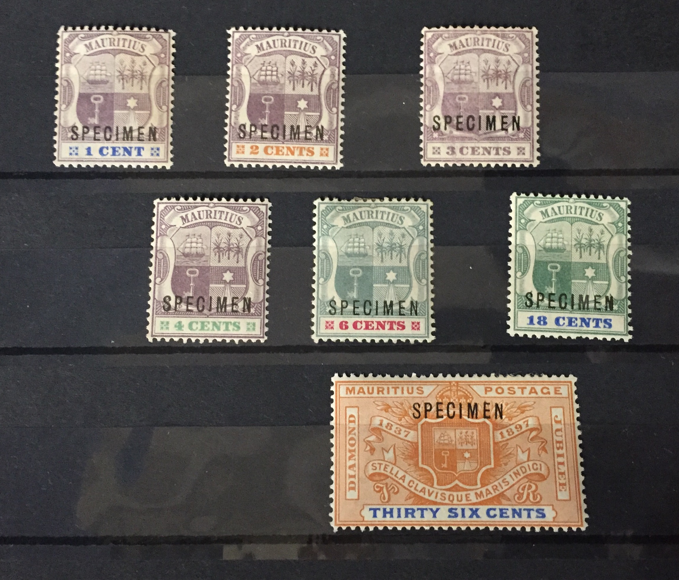 MAURITIUS, 1895, SG127/32, A SET OF SEVEN OVPT SPECIMEN Sold with SG133 OVPT Specimen (3mnh) (rest