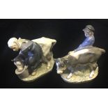 ROYAL COPENHAGEN, A PAIR OF STATUES Milk maid and a young farm boy, with cattle. (18cm x 16cm)