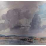 FRANK BAKER, 1873 - 1941, WATERCOLOUR Landscape coastal view, a rowing boat resting on a low tide