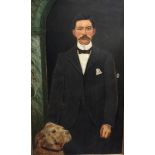 A 3/4 LENGTH OIL ON CANVAS Portrait of David W. Carr and his dog, gilt framed. (93cm x 144cm)
