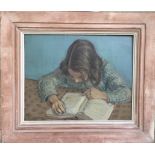 SIMON, OIL ON BOARD Young girl seated at a table reading, signed and limed wood framed. ?100-200